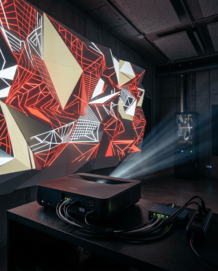 Geometrik bir yüzeye görüntü yansıtan projection mapping kurulumu
